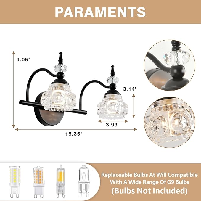 WJShome 2 Light Black Bathroom Vanity Light, Bathroom Vanity Lights Over Mirror, with Fine Chunky Crystal Glass Light Shade for Bedroom Living Room Bathroom Hallway Patio