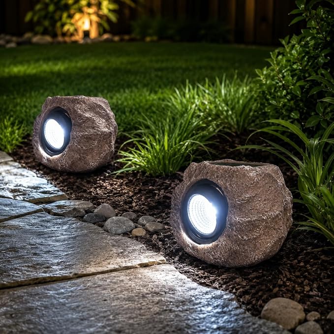 Solar Rock Lights Outdoor – 2 Pack Waterproof LED Landscape Garden Spotlights, Realistic Stone Design, Wireless Solar Powered Pathway Lights for Yard, Walkway, Patio & Lawn Decoration (Auto On/Off)