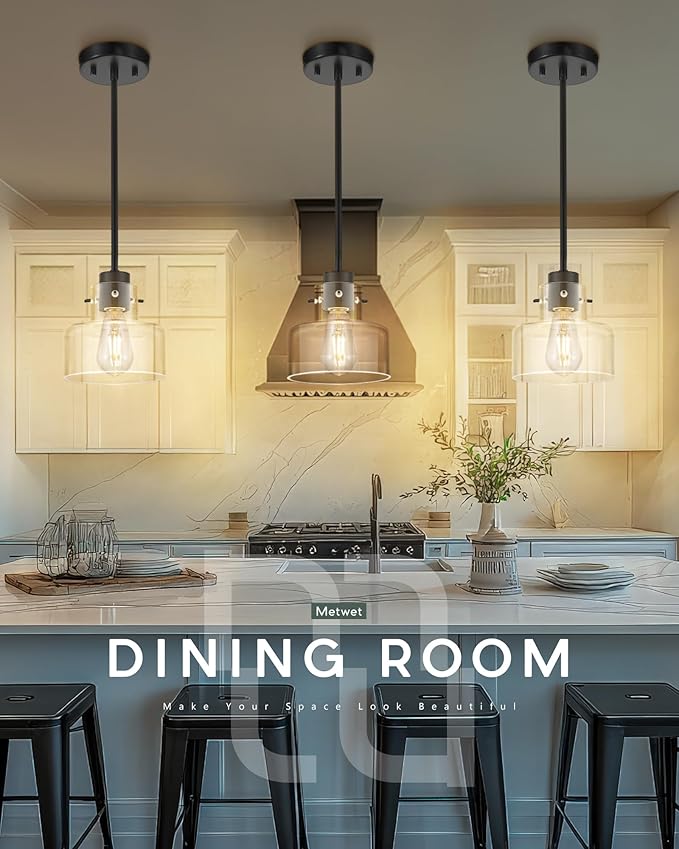 Matte Black Pendant Lights Kitchen Island, 6" Pendant Light Fixtures Over Island with Clear Glass Shade, Modern Kitchen Island Lighting for Dining Room Entryway, PL124-MB-G-1PK