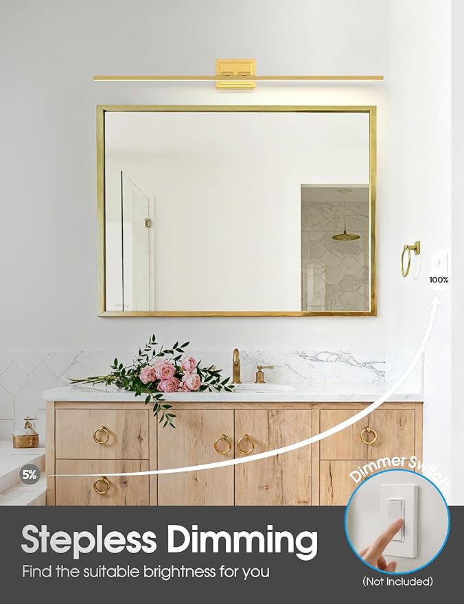 VOLISUN Bathroom Vanity Light 48 inch, 30W Dimmable 5CCT Led Bathroom Light Fixture Over Mirror, Gold Bar Vanity Light for Bathrooms-ETL Certificated