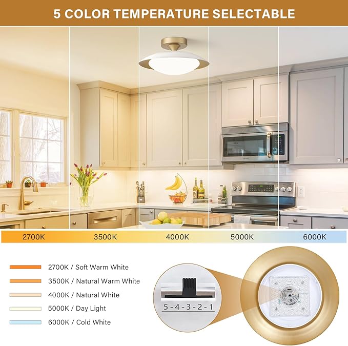 Dimmable Modern Mid-Century Ceiling Light, White and Gold LED Semi Flush Mount Ceiling Light, 5CCT 2700K-6000K Lighting Fixture Ceiling Lamp with Glass Shade for Bedroom Hallway Kitchen, 12.6in