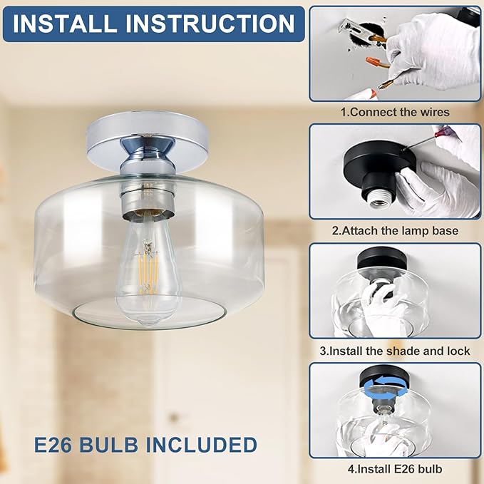 Industrial Semi Flush Mount Ceiling Light: Chrome Kitchen Lighting Fixtures Ceiling with Clear Glass - Vintage Hallway Light Fixtures E26 Bulb Included - 8.46” Light Fixtures Mount for Foyer
