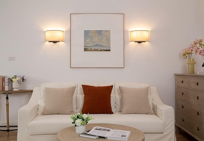 Yosoan 2-Light White Fabric Boho Wall Sconce Indoor Hallway Light Fixture, Dual Vintage Industrial Aged Hardwired Sconces Wall Lighting Semicircle Textile Shade for Bedroom Living Room Corridor Study