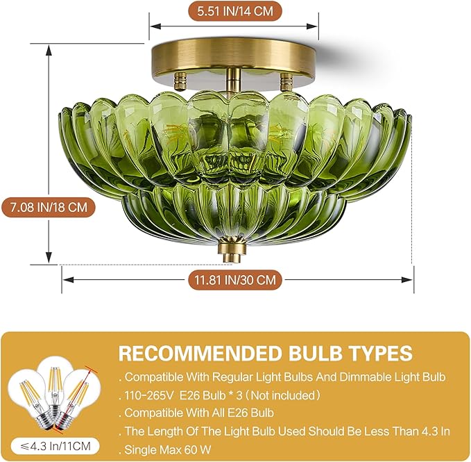 3-Lights Mid Century Modern Vintage Semi Flush Mount Ceiling Light Fixture,Gold Surface Treatment,Green Flower Glass,for Hallway Bedroom Bathroom Foyer Closet Entryway Laundry Room(11.81 in)
