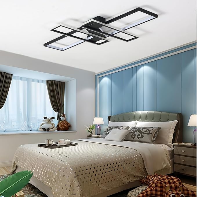 SMG Modern LED Ceiling Lights Fixture for Bedroom, 35" Remote Control Dimmable Led Chandelier, Flush Mount Square Design Ceiling Lamp for Kitchen Living Room Black