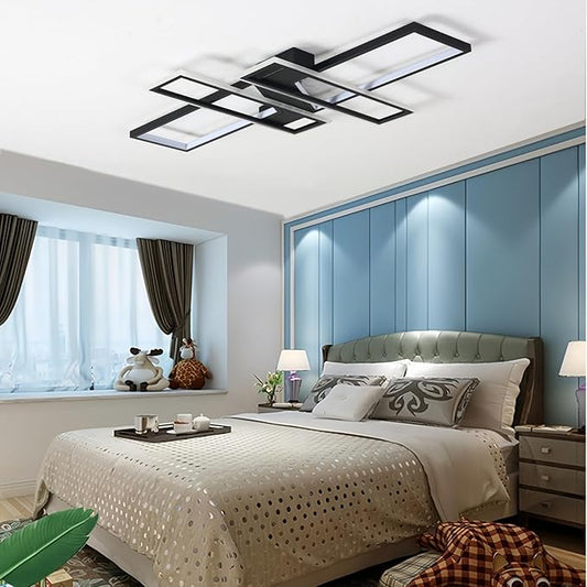 SMG Modern LED Ceiling Lights Fixture for Bedroom, 35" Remote Control Dimmable Led Chandelier, Flush Mount Square Design Ceiling Lamp for Kitchen Living Room Black