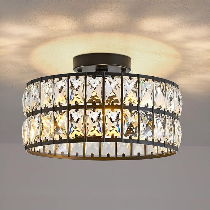 Modern Semi Flush Mount Ceiling Light, Black Ceiling Light Fixtures, 11.8inch 3-Light Crystal Chandelier for Bedroom, Hallway Light Fixture Ceiling Mount for Kitchen