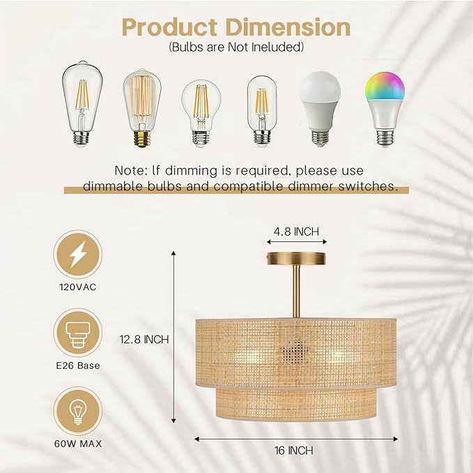 16'' Semi Flush Mount Ceiling Light Fixture, Boho Rattan Ceiling Light with 2-Tier Drum Shade, 3-Light Gold Metal Frame, Farmhouse Chandelier, Bedroom Living Room Nursery