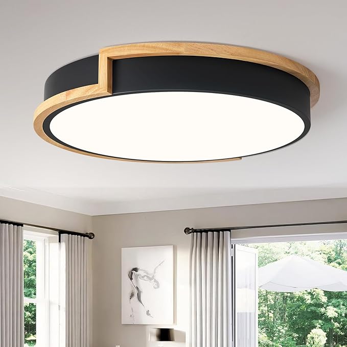 Modern Dimmable LED Flush Mount Ceiling Light Fixture,Round Close to Ceiling Lighting,Matte Black with Wood Accent,Minimalist Kitchen Light Fixtures for Bedroom,Entryway,Living Room,15.75in