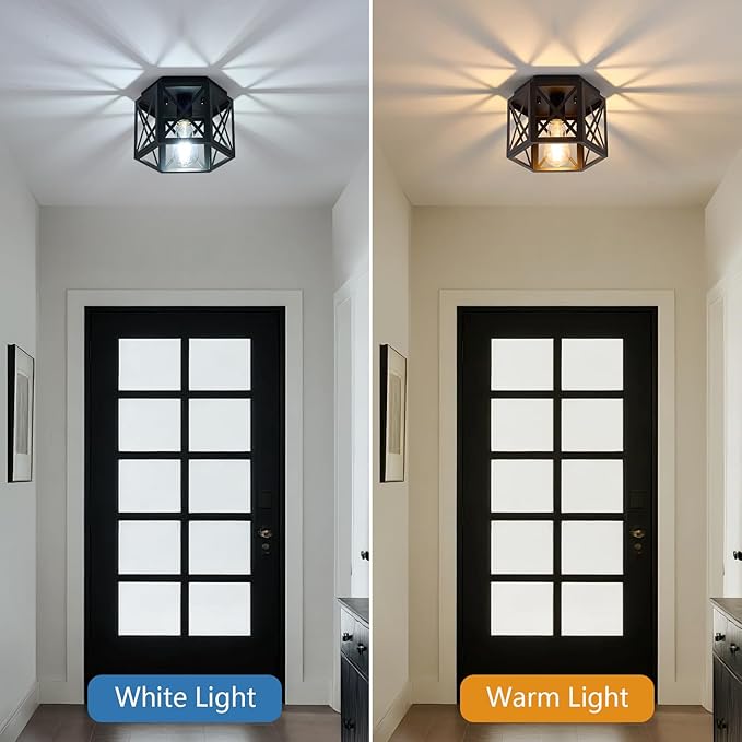 2 Pack Flush Mount Ceiling Light, 1-Light Black Light Fixtures Ceiling Mount, Small Flush Mount Lamp with Hexagonal Metal Cage, Farmhouse Chandeliers for Hallway Kitchen Sink Entryway Foyer
