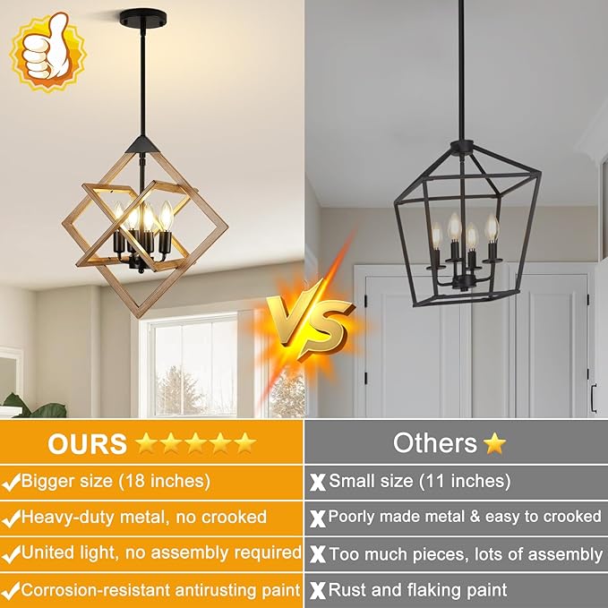 18" Modern Pendant Lights Kitchen Island, 4-Light Black + Wood Grain Farmhouse Pendant Light Fixtures, Industrial Hanging Pendant Lights Fixture for Kitchen Island Dining Room Hallway Foyer Entryway