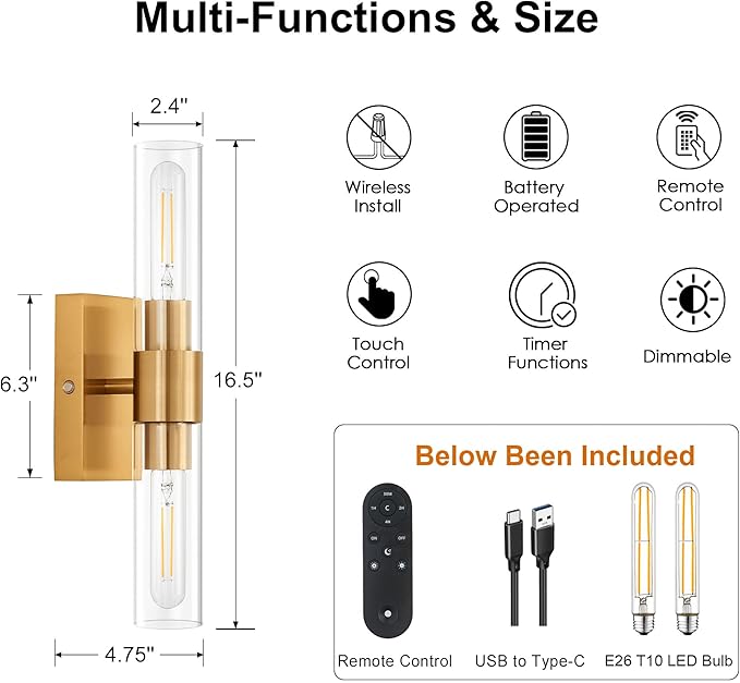 SANTOSTOCK Gold Battery Operated Wall Sconce Set of 2 with Remote Control, 12000mAh Rechargeable Wall Lights, Wireless Dimmable Wall Lamps for Bedroom Living Room Bathroom Hallway Entryway Stairwell