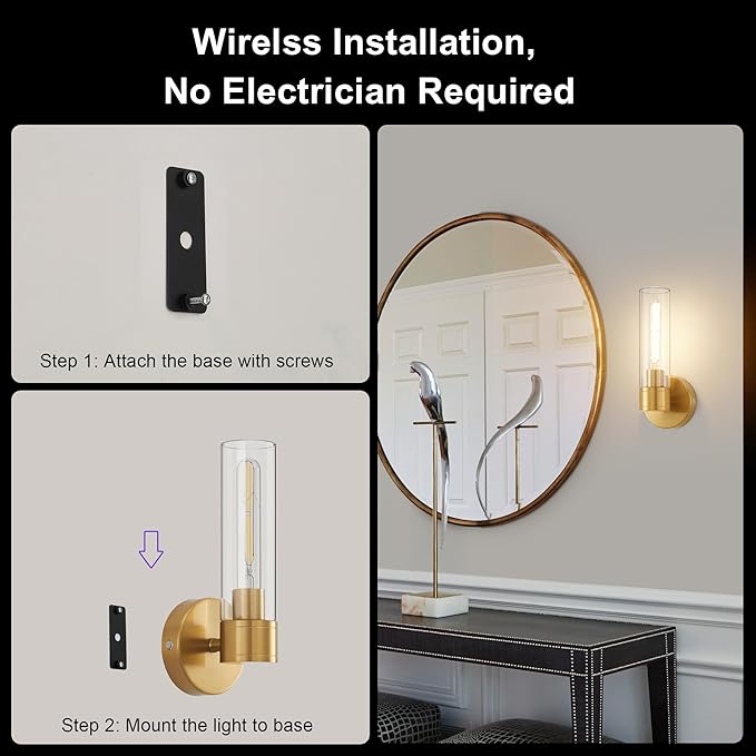 Brushed Gold Wireless Wall Sconce Set of 2, 12000 mAh Battery Operated Wall Lights with Remote Control, Rechargeable Dimmable Wall Lamps for Bedroom Bathroom Living Room Hallway Stairwell, 3000K