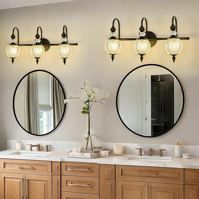 Vintage Vanity Light 3 Lights Black Bathroom Light Fixtures Over Mirror with Acrylic Globe Shade
