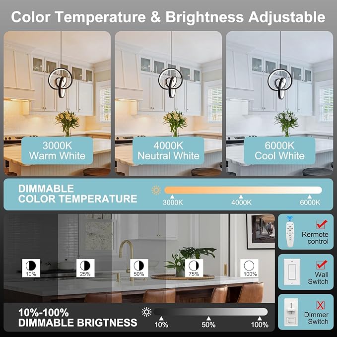 3000-6000K Modern LED Pendant Light,Black Dimmable Pendant Light for Kitchen Island, Adjustable Hanging Lamp for Dining Room Bar Bathroom, 1 Pack