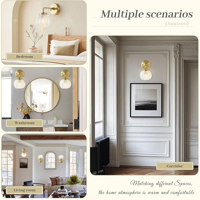Vintage Wall sconces Glass Wall Sconces with Ribbed Clear Globe Glass Shade Gold Wall Sconce Modern Vanity Light Bathroom Wall sconces Over Mirro Wall lamp for Bedroom Hallway Living Room