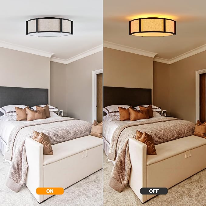 18" Semi Flush Mount Ceiling Light Modern 3-Lights Black Drum Ceiling Light Fixture with Fabric Linen Shade, Vintage Modern Ceiling Lighting for Laundry Room, Kitchen, Basement, Bedroom