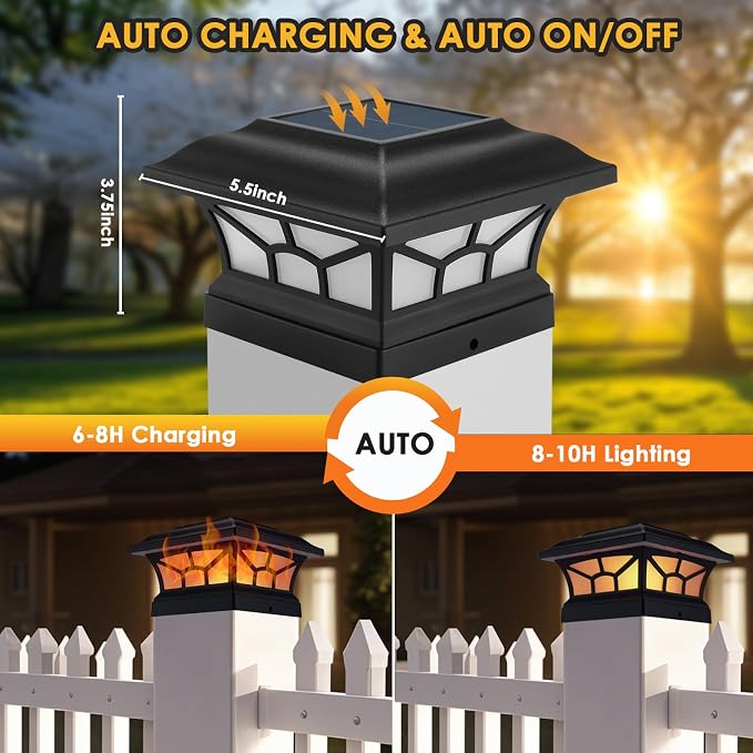 8 Pack Solar Post Cap Lights Outdoor Flickering Flame & Warm White, Fits 4x4 5x5 6x6 Wooden or Vinyl Posts, Waterproof Solar Fence Deck Lights for Yard Garden Patio Decoration.