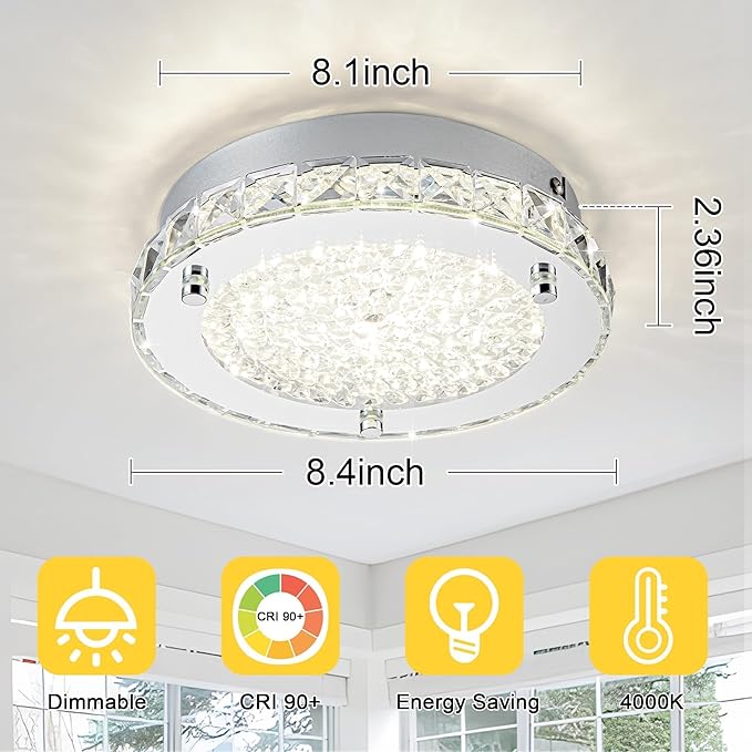 Flush Mount Crystal Ceiling Light Modern Ceiling Light Hallway Light Fixtures LED 4000K Round Ceiling Light 8 Inch for Small Space, Bedroom, Foyer, Entryway, Kitchen