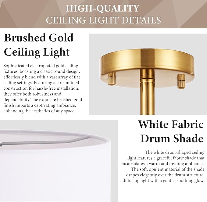 13" Semi Flush Mount Ceiling Light Fixture, 3-Light Gold Drum Light Fixture, Modern Close to Ceiling Light with White Fabric Shade Lamps for Bedroom Living Room Kitchen Hallway Entryway