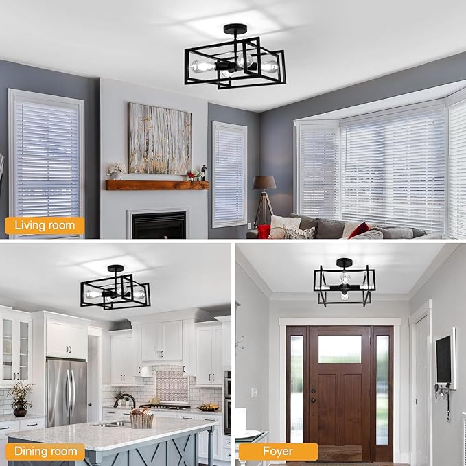 DELIPOP 4-Light LED Ceiling Light Industrial Black Farmhouse, Semi Flush Mount Ceiling Light, Lighting for Dining Room Kitchen Hallway Island