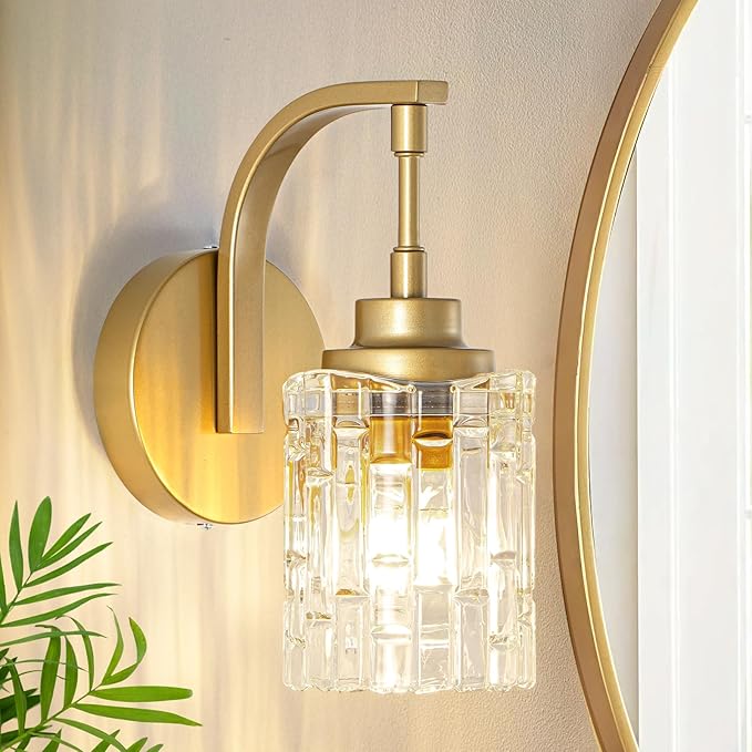 Gold Bathroom Wall Sconce Light,1-Light Vintage Brass Sconces with Clear Glass Shade,Hardwired Wall Mount Lighting for Mirror Bedroom Hallway Kitchen