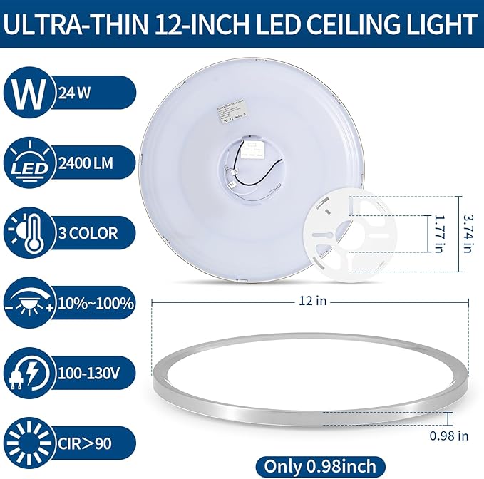 12 inch Flush Mount Led Ceiling Light Fixture, 24W 2400LM, Dimmable 3000K 4000K 6500K Adjustable, Modern Brushed Nickel Ceiling Lamp for Bedroom, Kitchen, Home Office, Hallway, Wired