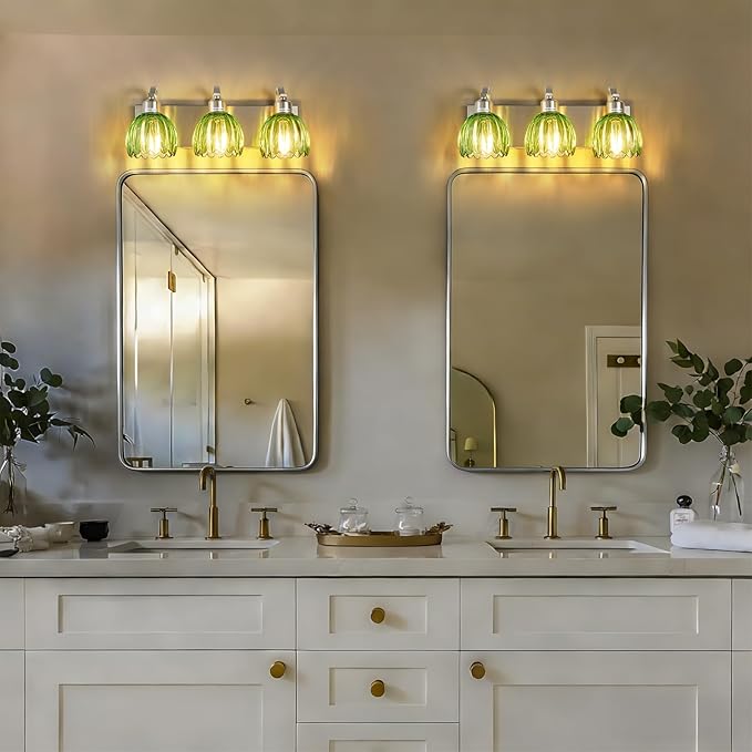 3-Light Vanity Lights with Green Tulip Glass Shade, Brushed Nickel Bathroom Lighting Fixture Over Mirror, Vintage Vanity Wall Sconce Lamp for Kitchen Living Room Hallway