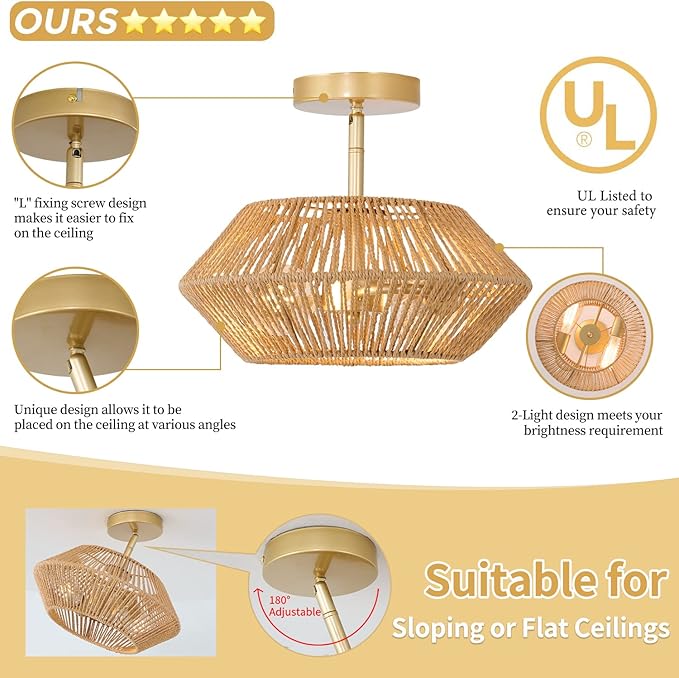 2-Lights Woven Rattan Ceiling Light Fixture, Beige Farmhouse Hand-Woven Cage Semi Flush Mount Light, Small Boho Coastal Basket Close to Ceiling Light for Bedroom Hallway Nursery Entryway