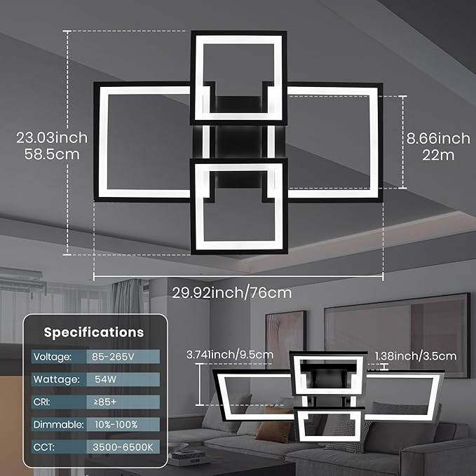 EIDISUNY Modern LED Ceiling Light, Square LED Flush Mount Ceiling Light, Dimmable Kitchen Light Fixtures with Remote&APP, Close to Ceiling Lighting Fixture for Dining Room Kitchen Living Room Bedroom