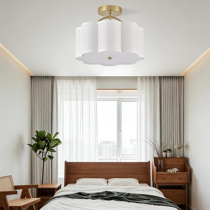13.5" Gold Semi Flush Mount Ceiling Light Fixture for Bedroom,3-Light Modern Flower-Shape Close to Ceiling Light with Fabric Shade for Bedroom Hallway Nursery Living Room (White)