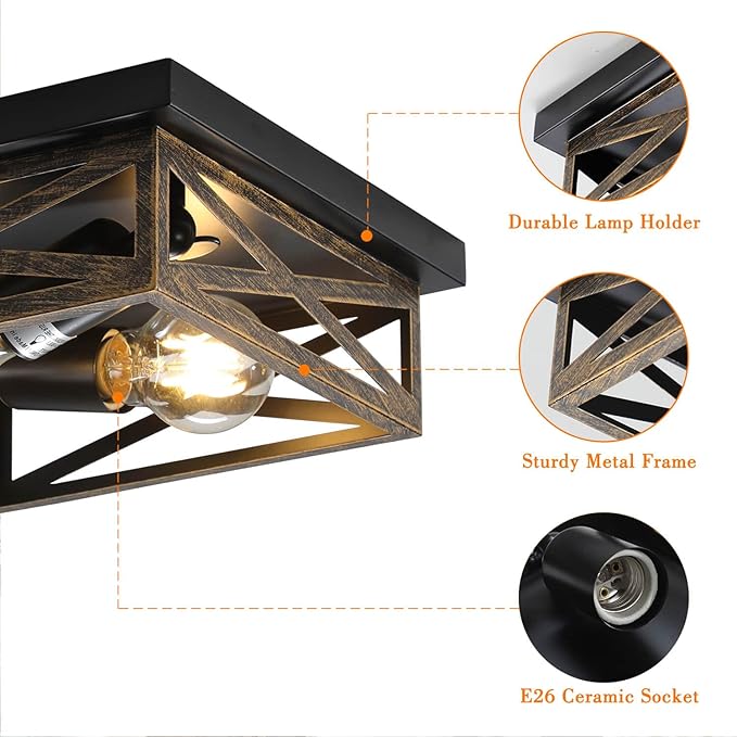 Rustic Flush Mount Ceiling Light Fixture, Modern Farmhouse Light Fixture, Kitchen Hallway Light Fixtures for Bedroom,Dining Room Entryway,Industrial Metal Cage Ceiling Light