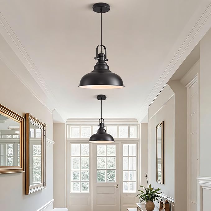 Matte Black Pendant Light, 11.0 Inch Pendant Light Fixture with Adjustable Cord, Industrial Hanging Lamp for Bedroom, Kitchen Island, Living Room, Dining Room, Hallway(1 Pack)