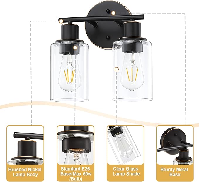 Pia Ricco Bathroom Vanity Light Fixtures, 2-Light Bathroom Wall Lights with Clear Glass Shades, Oil Rubbed Bronze Modern Wall Sconce Over Mirror, Bath Wall Sconces for Living Room Bedroom Hallway