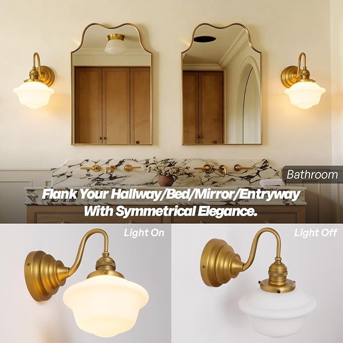 Vintage Wall Sconces Antique Brass Gold Bathroom Vanity Light with Milk Glass Hardwire Wall Sconce Light Lamp for Bathroom Mirror Living Room Bedroom Kitchen Indoor