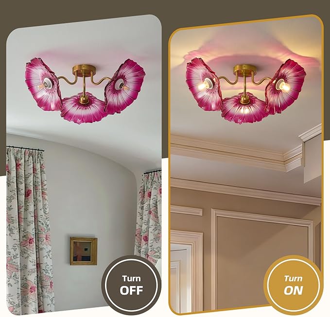 Flower Glass 3 Lights Ceiling Light - Red Vintage Floral Semi Flush Mount Chandelier Lighting Fixtures - Mid Century Modern Art Deco Lamps for Bedroom Bathroom Hallway Foyer Hall Kitchen Living Room
