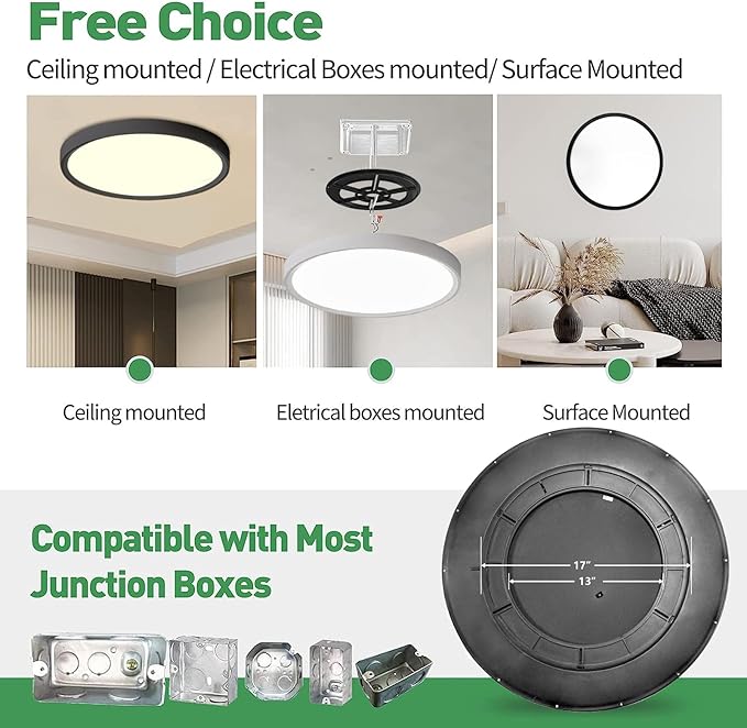 2 Pack 24 Inch Large LED Flush Mount Ceiling Light, 50W,5480LM, 3000K/4000K/6000K CCT Selectable,Black Round Flat Panel Low Profile Ceiling Light Fixtures for Hallway, Kitchen, Bedroom, Laundry Room