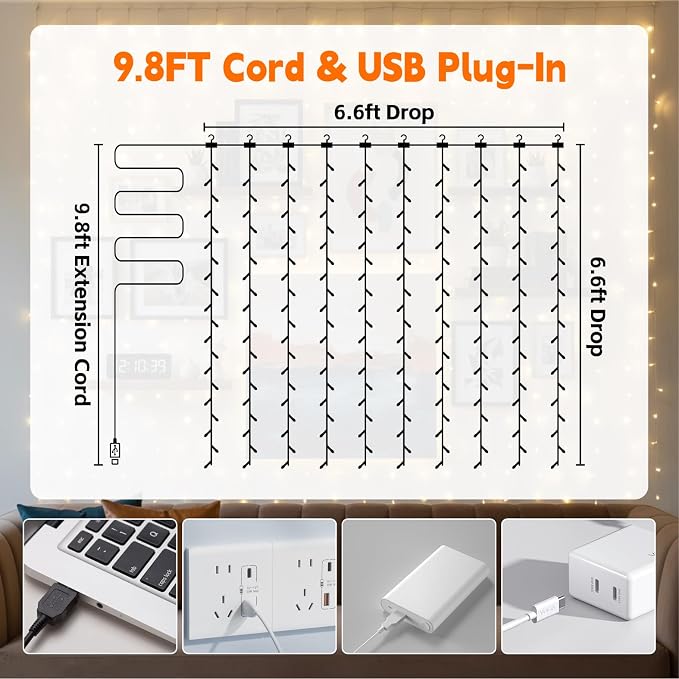 Curtain Light for Bedroom, 200LED 6.6x6.6ft Multicolor Window Wall Hanging Fairy Curtain String Light, 8 Modes Remote Fairy String Lights Indoor for Wedding Party Home Garden Decorations
