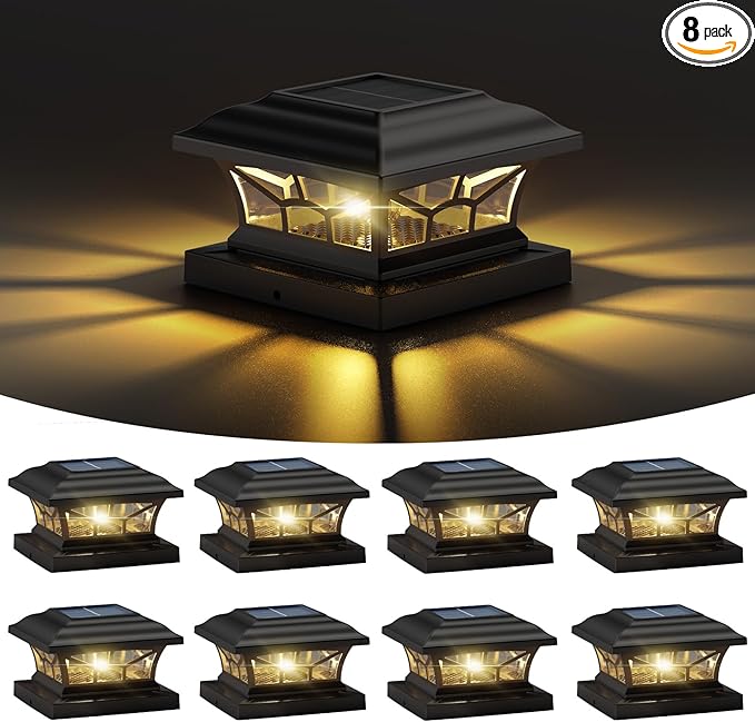 8 Pack Solar Post Cap Lights Outdoor Waterproof, Fits 4x4, 5x5, 6x6 Wooden & Vinyl Fence Decks with Warm & Cool White Light Modes, Classic Black