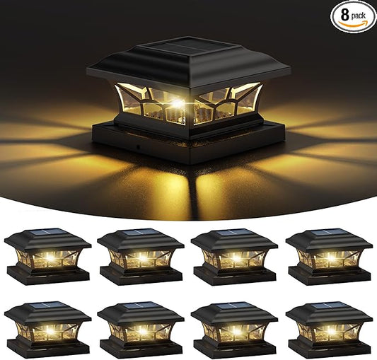 8 Pack Solar Post Cap Lights Outdoor Waterproof, Fits 4x4, 5x5, 6x6 Wooden & Vinyl Fence Decks with Warm & Cool White Light Modes, Classic Black