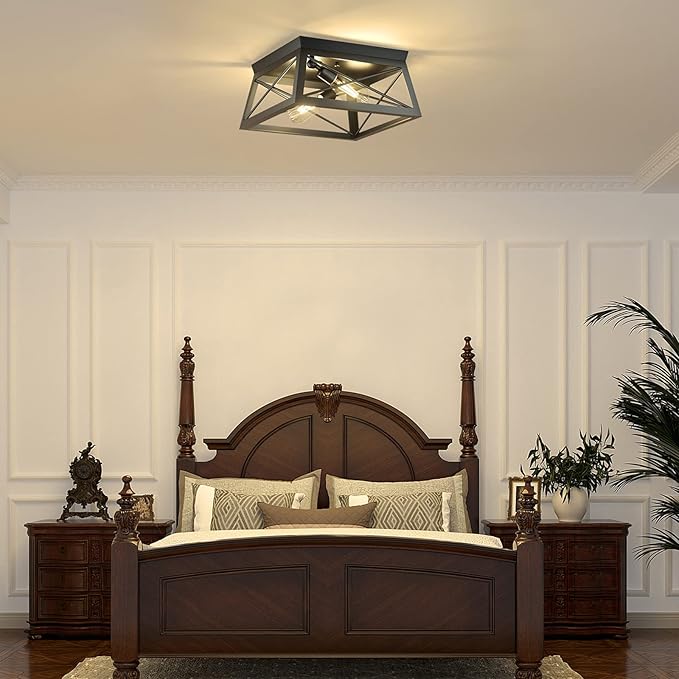 Pynsseu Industrial Ceiling Light, 2 Lights Farmhouse Semi Flush Mount Ceiling Fixture for Kitchen Island Dining Room Bedroom Foyer Hallway, 1 Pack, Black