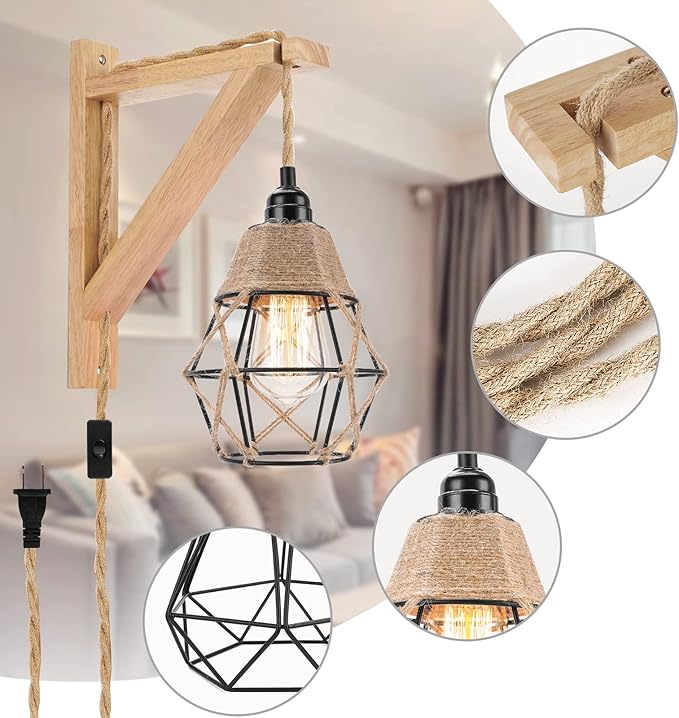 Frideko Wall Lamp with Plug in Cord - Plug in Wall Sconces, Farmhouse Hanging Lamps that Plug into Wall Outlet, Rustic Wall Mount Lamp with Wood Shelf Bracket & Switch Cord for Living Room, Bedroom