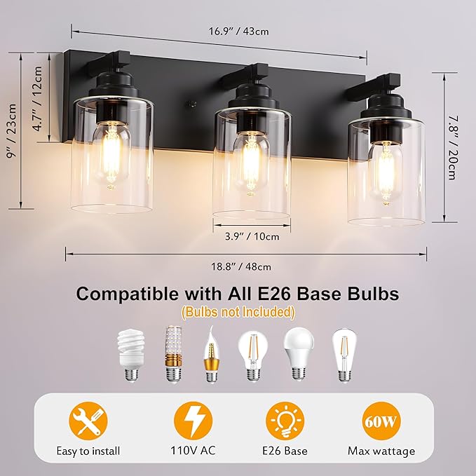 Black Bathroom Light Fixture, 3 Light Matte Black Vanity Light, 18.8" Modern Farmhouse Bathroom Lighting Fixtures Over Mirror, with Clear Glass Shade, Vanity Lights for Bathroom, Bedroom, Hallway