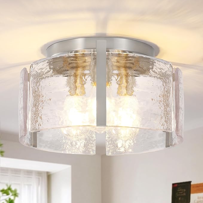 15" Modern Semi Flush Mount Ceiling Light, Brushed Nickel 3-Light Fixture with Glass Drum, Dimmable Hallway Lighting for Entryway, Kitchen, Bedroom, Bathroom