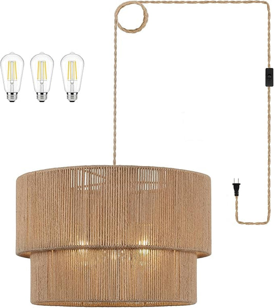 Large Plug in Pendant Light, 18in Plug in Rattan Chandelier with On/Off Switch Rattan Woven Shade, Hanging Pendant Light for Dining Room Living Room Kitchen Foyer (Includ Bulb)