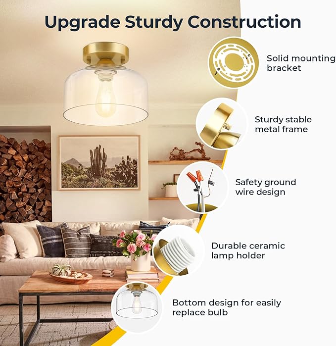 LACCEN Semi Flush Mount Ceiling Light Brushed Gold - Clear Glass Pendant Lamp Shade, Modern Farmhouse Light Fixture for Hallway Corridor Kitchen Entryway Bedroom, Bulb Not Included