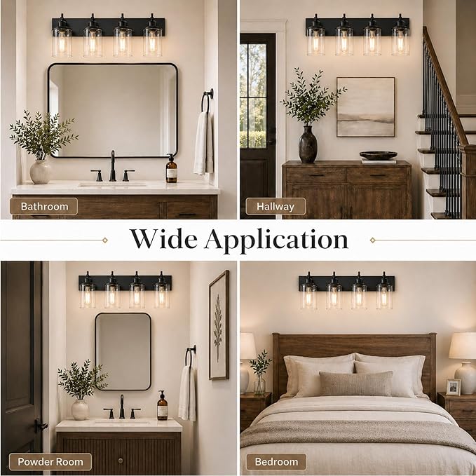 Lanhall 4-Light Black Bathroom Light Fixture Over Mirror Modern Farmhouse Bathroom Vanity Light Vintage Wall Lighting with Clear Glass Shade for Bathroom, Bedroom, Hallway, Cabinet