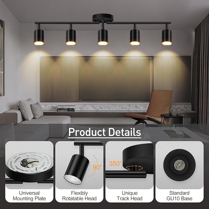 Track Lighting, Track Lighting Fixtures Ceiling Kit, Black Ceiling Lights for Kitchen, 30" Ceiling Spotlight, 5 Light Ceiling Spotlight with Rotatable Heads, Modern Wall Lighting(GU10 Socket, NO Bulb)