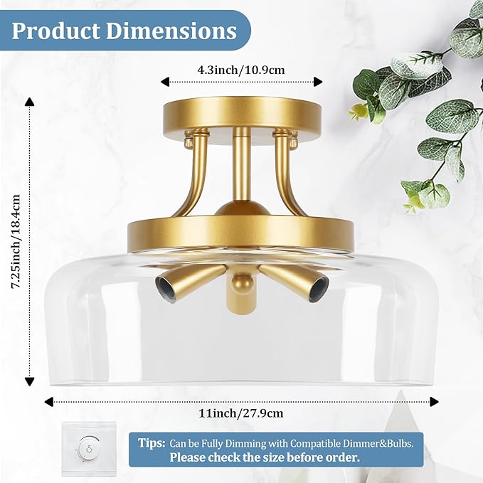 TOBUSA 3-Light Gold Semi Flush Mount Light Fixture, Modern Ceiling Light with Drum Glass Shade, Golden Ceiling Lamp for Living Room Kitchen Bedroom Hallway Bathroom Laundry, E12 Socket, No Bulbs