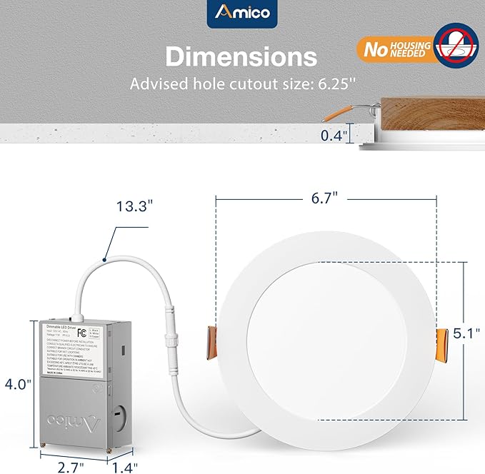 Amico 20 Pack 6 Inch 5CCT Ultra-Thin LED Recessed Ceiling Light with Junction Box, 2700K/3000K/3500K/4000K/5000K Selectable, 12W Eqv 110W, Dimmable Can-Killer Downlight, 1050LM Wafer Lighting - ETL